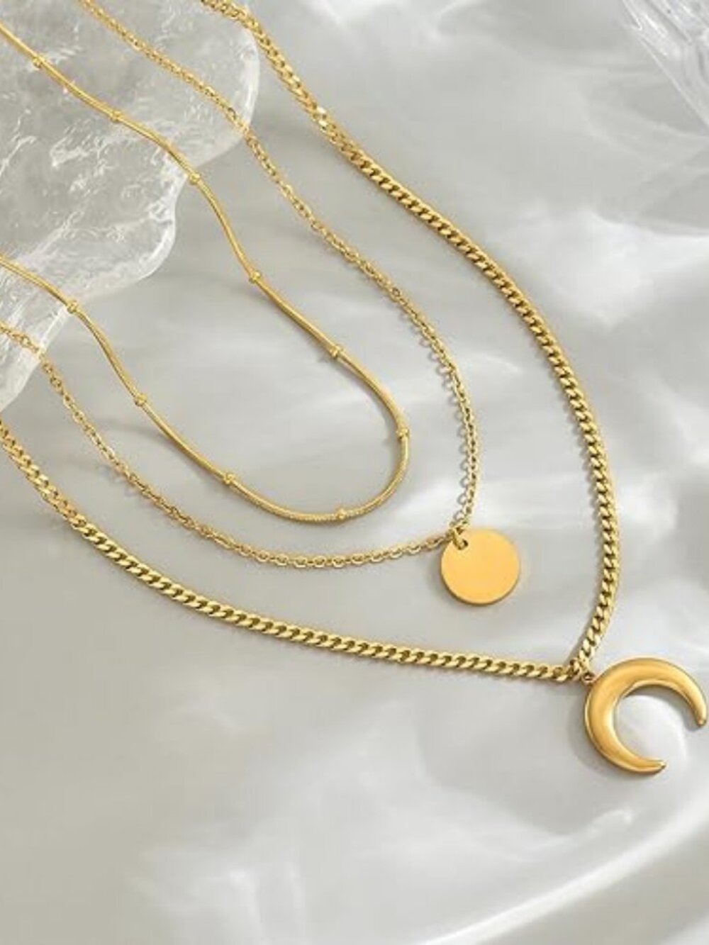18K Gold Plated Layered Herringbone Necklace Set Moon Coin Pendant - Picture 4 of 6